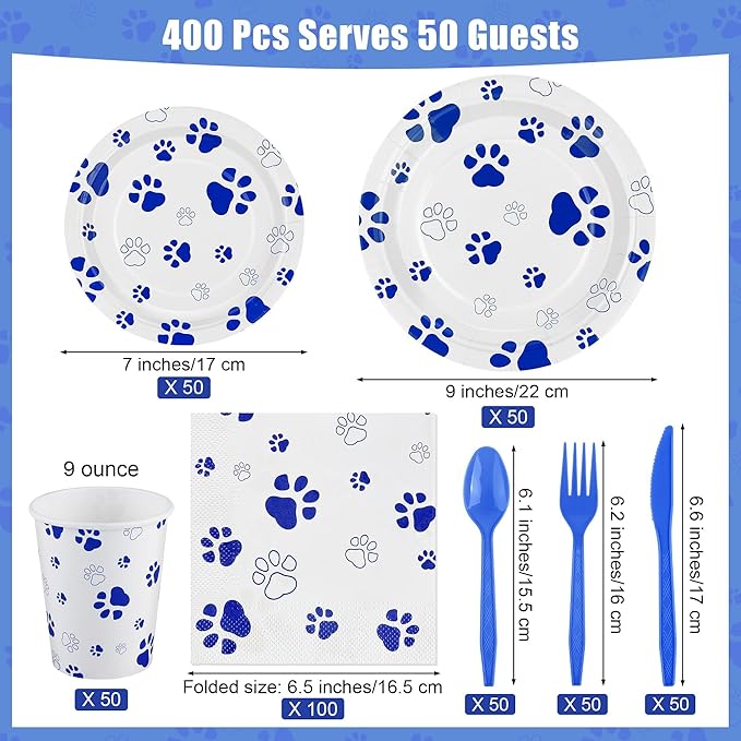 Kochorie 400 Pieces Blue Paw Disposable Party Tableware Sets Dog Puppy Supplies Including Plates Cups Napkins Cutlery Serves 50 for Birthday Puppy Theme Party Decorations