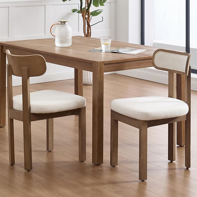 Beige Dining Chairs Set of 2, Mid Century Modern Linen Dining Room Chairs with Curved Back, Armless Kitchen Chairs for Living Room/Restaurant/Balcony/Bedroom/Home Desk/Task