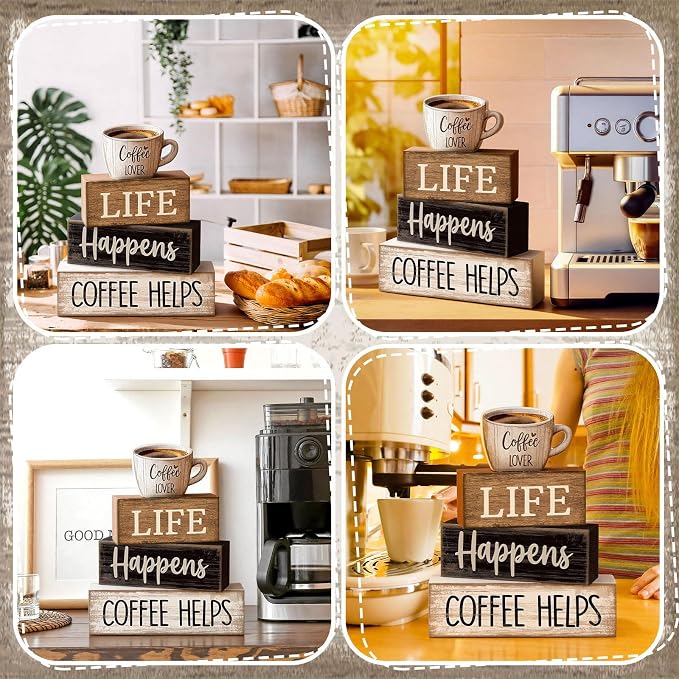Moucuny 4 Pcs Farmhouse Coffee Bar Table Decor Vintage Wooden Stacked Block Sign - Image 5