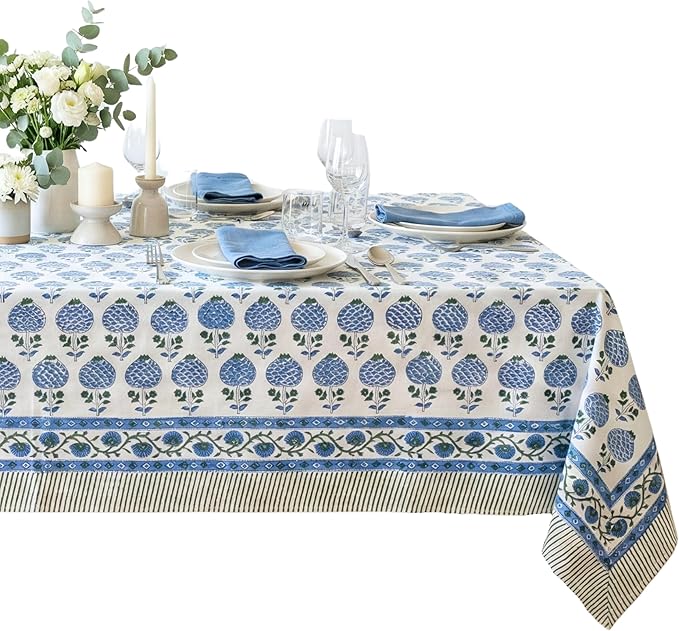 ATOSII Roma Blue 100% Cotton Boho Rectangle Fall Tablecloth, Handblock Floral Print Table Linen for Kitchen Dining I Parties, Outdoors, Weddings, Christmas, Thanksgiving I 72 X 120 Inches I 10 Seater