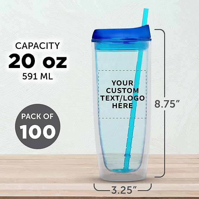 Custom Tall Orbit Acrylic Tumblers 20 oz. Set of 100, Personalized Bulk Pack - Perfect for Iced Coffee, Soda, Other Hot & Cold Beverages - Blue