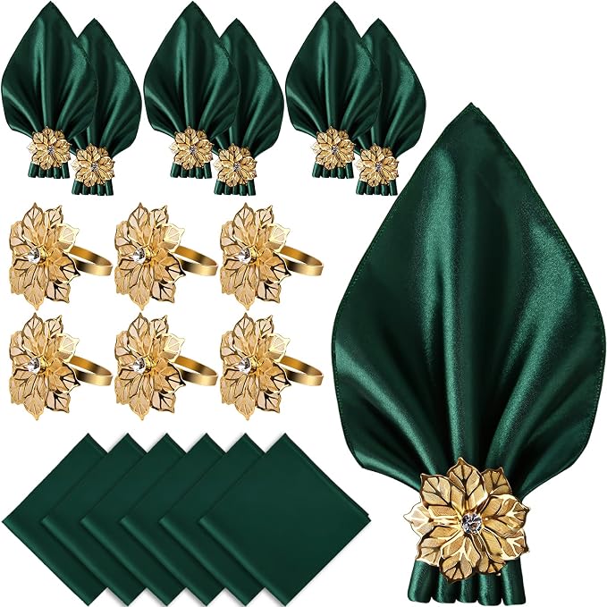 12 Pack Gold Napkin Rings and Cloth Napkins Set of 6, 17x17 Satin Cocktail by CROWNGUIDE