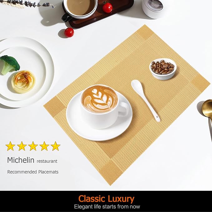 Gold Vinyl Placemats Set of 12, Heat Resistant Table Placemats | 18x12 inch - Image 2
