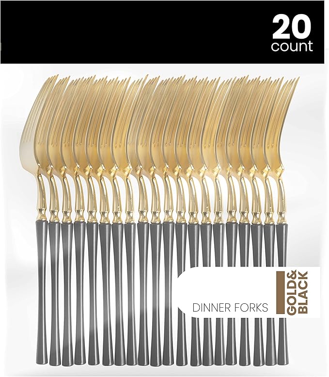PlasticPro 20 Count Gold and Black Plastic Dinner Forks Premium Quality Heavy Duty Disposable Elegant Silverware Two Tone Dinner Forks for Party