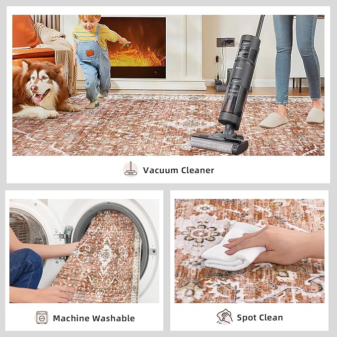 Deerly Large 5x8 Rugs for Dining Room Machine Washable Rugs Boho 5x8 Rug for Living Room Carpet Non-Slip Family & Pet Friendly Area Rugs Print Floor Rug(Border Brick Red 5x8ft)