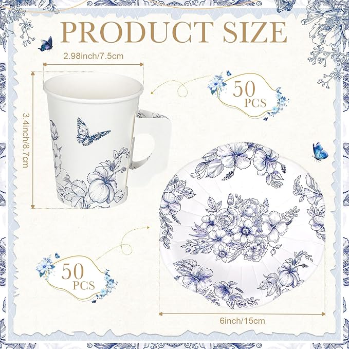 Tioncy 100 Pcs Tea Party Decorations Include 50 Pieces 9 oz Paper Tea Cups - Image 2