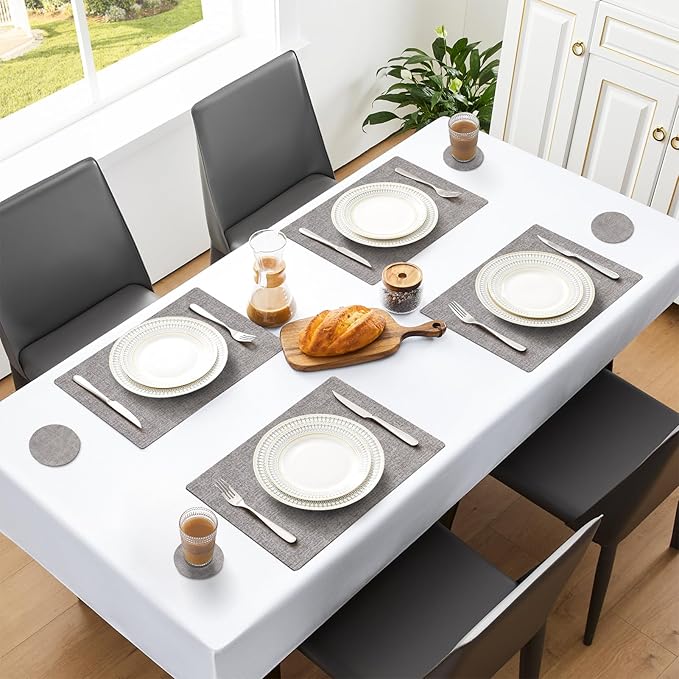MOSAYT Placemats Set of 8, Heat Resistant Vinyl Place Mats with Coasters, Wipeable Washable 100% Waterproof Oil Proof Faux Leather Table Mats for Kitchen Dining Party Outdoor, 12" x 17", Light Grey