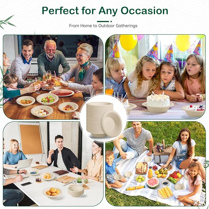 𝟭𝟲 𝗼𝘇, 𝟭𝟮𝟴-𝗣𝗮𝗰𝗸 Compostable Paper Bowls, Heavy-Duty Biodegradable Disposable Bowls Made from Bagasse, Eco-Friendly, Microwave & Freezer Safe (Natural)