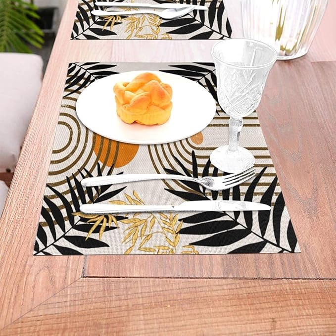 Vintage Mid Century Boho Placemats for Abstract Sun Bamboo Aesthetic Arch Curve Leaves Geometric Washable Place Mats 12x18Inch for Dining Kitchen Farmhouse Decor 4 PCS