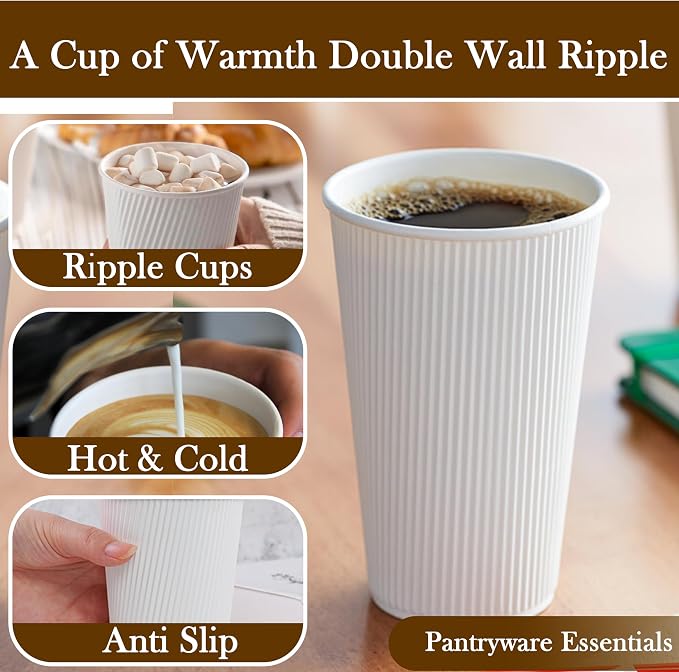 16oz Double Wall Ripple White Paper Coffee Cups- Pack of 50ct - Image 3