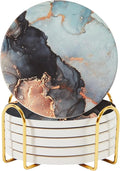 Ceramic Absorbent Coasters Set of 6 with Holder, Marble Drink Coasters for Coffee Table, Water Absorbing Coaster (Twinkle Gold Holder)