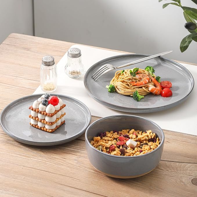 Ceramic Dinner Plates Set of 4,Stoneware 8 Inch,Microwave,Dishwasher and Oven Safe,Porcelain Dessert Plates for Pasta,Salad and Steak,Dishes Set for Kitchen,Scratch Resistant,Gray