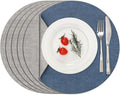 Myir JUN Reversible Vinyl Round Placemats Set of 6, Faux Leather Place Mats Dual Sided Waterproof Wipeable, Heat-Resistant Table Mats for Kitchen Dining Indoor Outdoor (14", Light Gray Navy Blue)