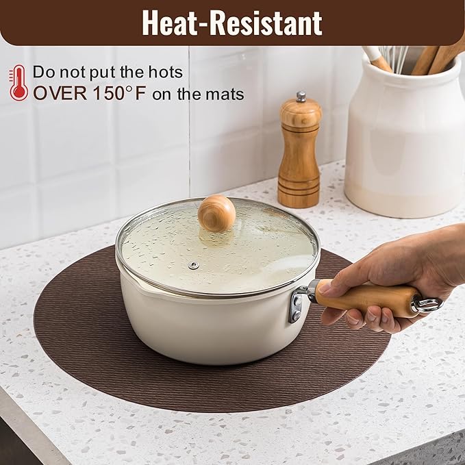 Jovono 15" Faux Leather Big Round Placemats Set of 6 - Washable Heat Resistant Non-Slip Dining Table Mats with Fabric Texture for Kitchen Home Party Decor, Coffee