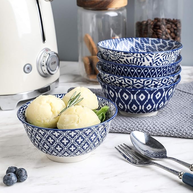 Selamica Porcelain 11oz Ice Cream Bowls Set of 6, Small Bowls, Ceramic bowls for Dessert, Ice Cream, Vintage Blue