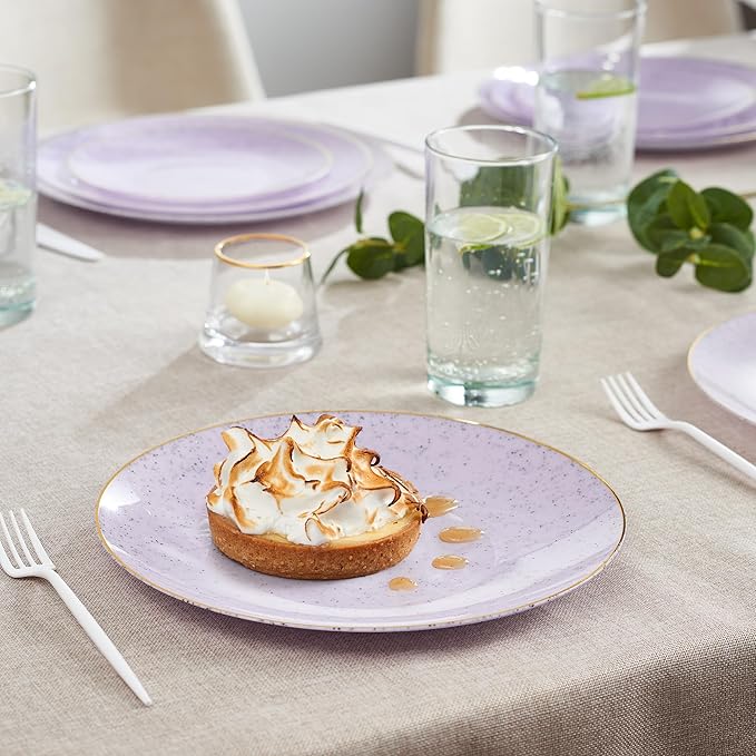 PLASTICPRO 30 Pack Disposable Plastic Plates Heavyweight Granite Look Elegant 10 inch Dinner Plates Purple with Gold Rim