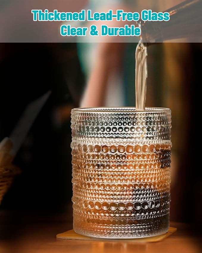 Vintage Dot-Pattern Drinking Glasses Set of 4 – 14.5 oz Clear Short Glass Cups – Embossed Textured Glassware with Anti-Slip Grip, Water Juice Soda Cocktail Tumblers – Thick Glass, Dishwasher Safe