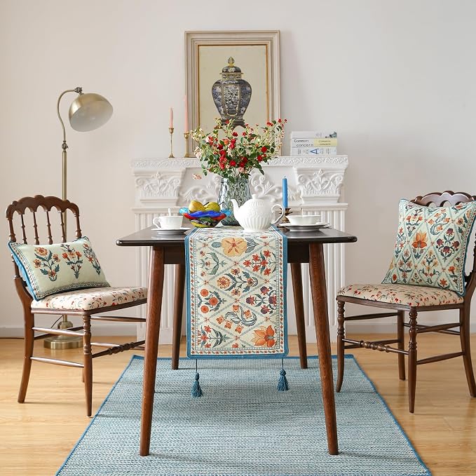Designer French Linen Long Table Runner, Colorful Floral Pattern, Dining Table - Image 3