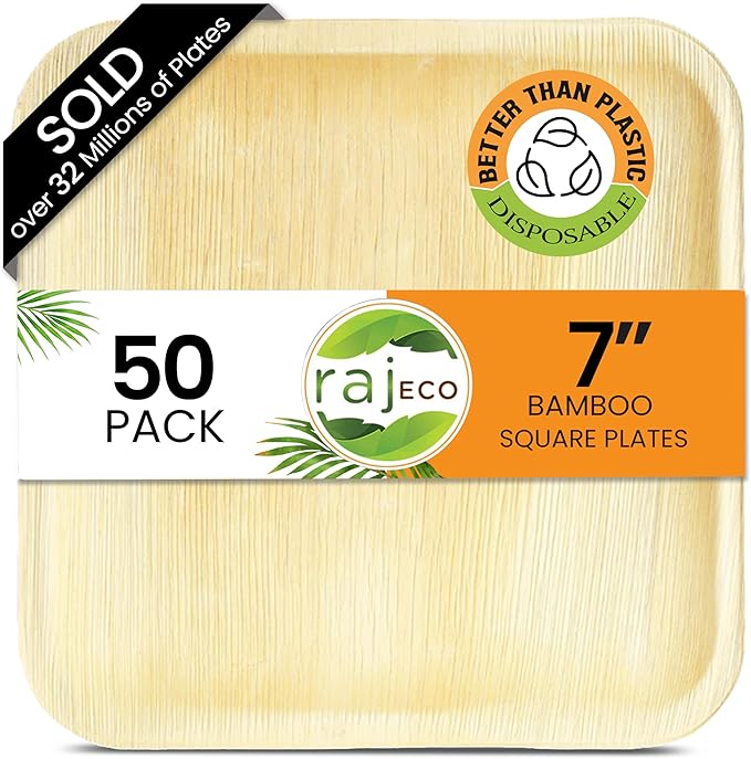 Raj Palm Leaf Plates [50-Pack] 7" Square Plates like Bamboo plates Disposable, Strong, Decorative Compostable Tableware for wedding, Lunch, Dinner, Birthday, Camping, Outdoor BBQ, Picnic
