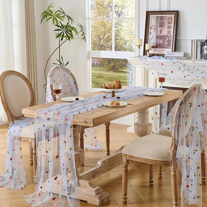 BINBE 12pcs Daisy Spring Table Runner Embroidery Gauze 10FT Florals Seasonal - Image 6