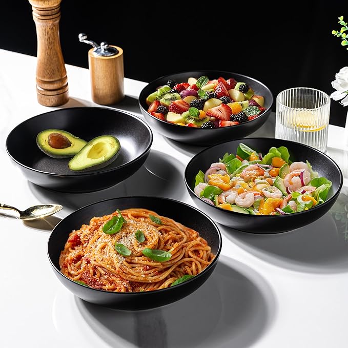 AmorArc 8.5 Inch Stoneware Pasta Bowls, 32oz Large Bowls Set of 4 for Kitchen, Wide Bowls for Pasta,Salad,Oatmeal, Microwave&Dishwasher Safe, Matte Black