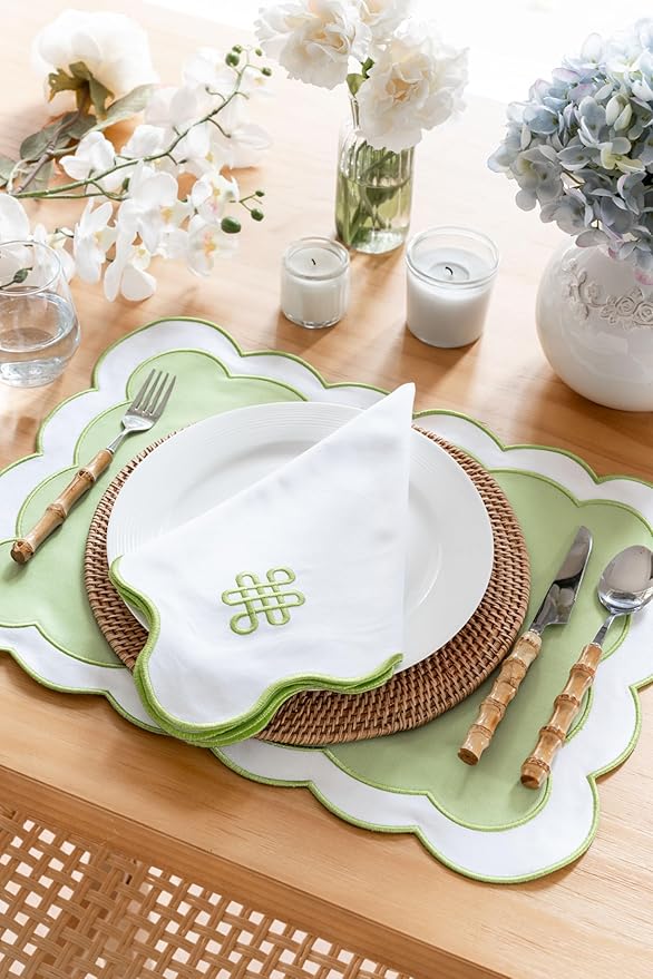 Hofdeco Premium Coastal Patio Indoor Outdoor Placemat Set of 4, 14"x19" Double-Layered, Waterproof Cloth Placemat for Kitchen or Dining Table. Green Embroidered Solid B