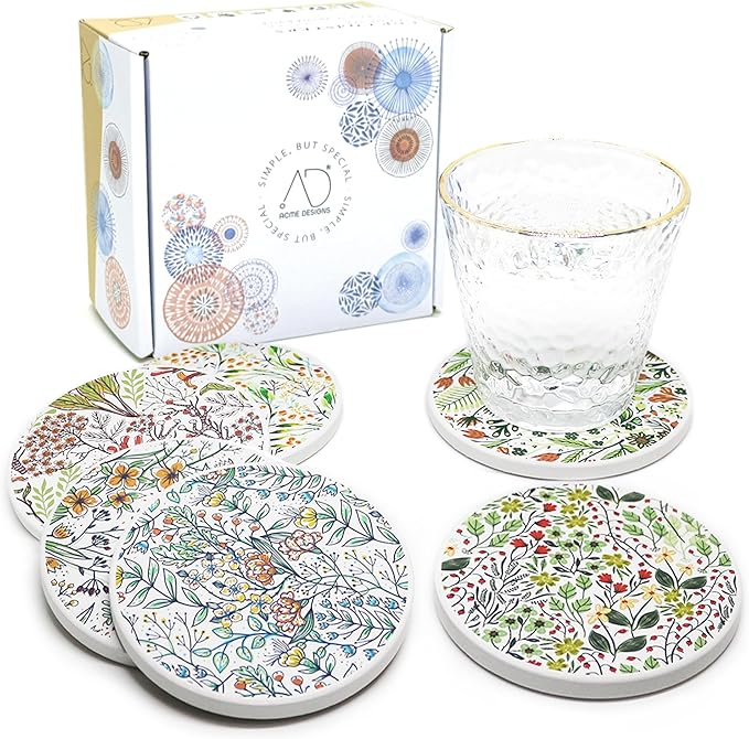 AD Set of 6 Coasters for Drinks Absorbing Round Ceramic Stone Coaster with Cork Base,Tabletop Protection Mat for Mugs and Cups,Office,Kitchen (Bontanicals)