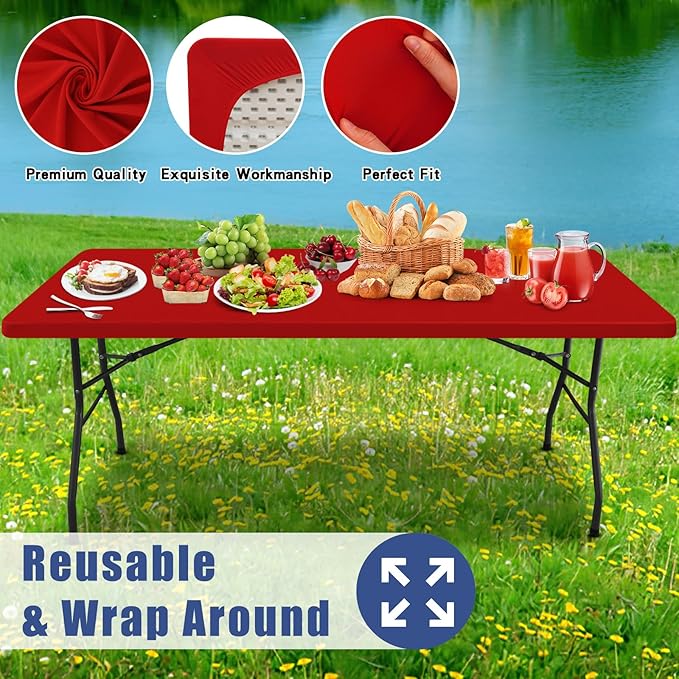Spandex 4 Foot Rectangle Christmas Table Cloth 2 Pack, Elastic Fitted Tablecloths for Picnic, Stretch Washable Patio Table Cover for Outdoor, Camping, Banquet and Parties (Red, 30"x48")