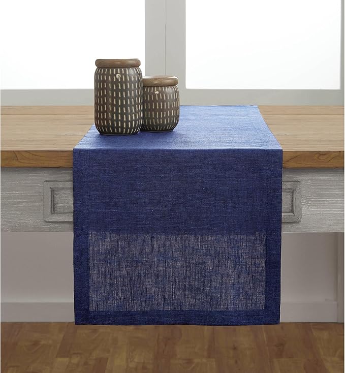 Solino Home Linen Short Table Runner 36 Inches - Athena, 100% Pure Linen Chambray Navy Table Runner 14 x 36 Inch Ideal for Dresser and Coffee Tables - Winter, Spring