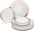 OCCASIONS 120 Plates Pack,(60 Guests) Heavyweight Premium Wedding Party Disposable Plastic Plates Set -60 x 10.5'' Dinner + 60 x 7.5'' Salad/Dessert (Celebration White & Rose Gold)