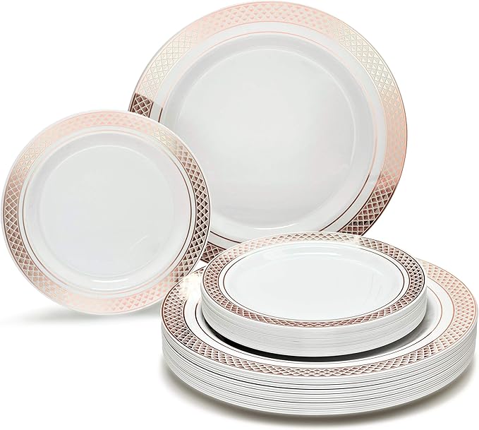 OCCASIONS 120 Plates Pack,(60 Guests) Heavyweight Premium Wedding Party Disposable Plastic Plates Set -60 x 10.5'' Dinner + 60 x 7.5'' Salad/Dessert (Celebration White & Rose Gold)