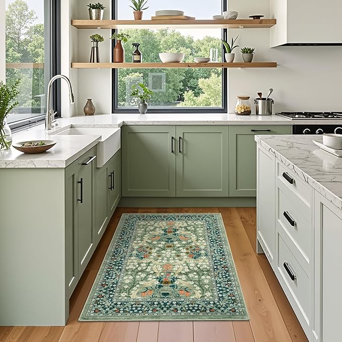 GarveeHome Floral Entryway Rug, 2x3 Washable Front Door Entry Throw Rugs Indoor, Non Slip Bathroom Small Rugs, Boho Thin Rug for Kitchen, Soft Carpet Mat for Bedroom Bathroom, Sage Green