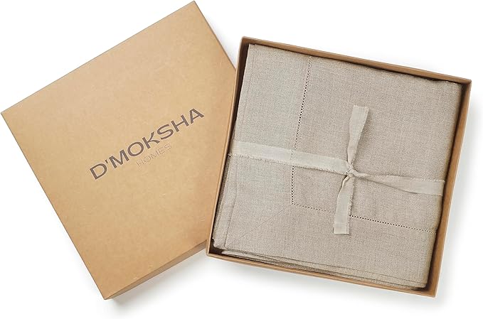 D'Moksha Homes Natural Linen Tablecloth for Rectangle Tables 60 x 84 Inch - Classic Hemstitch 100% Pure Linen Natural Table Cloth - Machine Washable Dining Tablecloth for Valentines, Spring, Easter