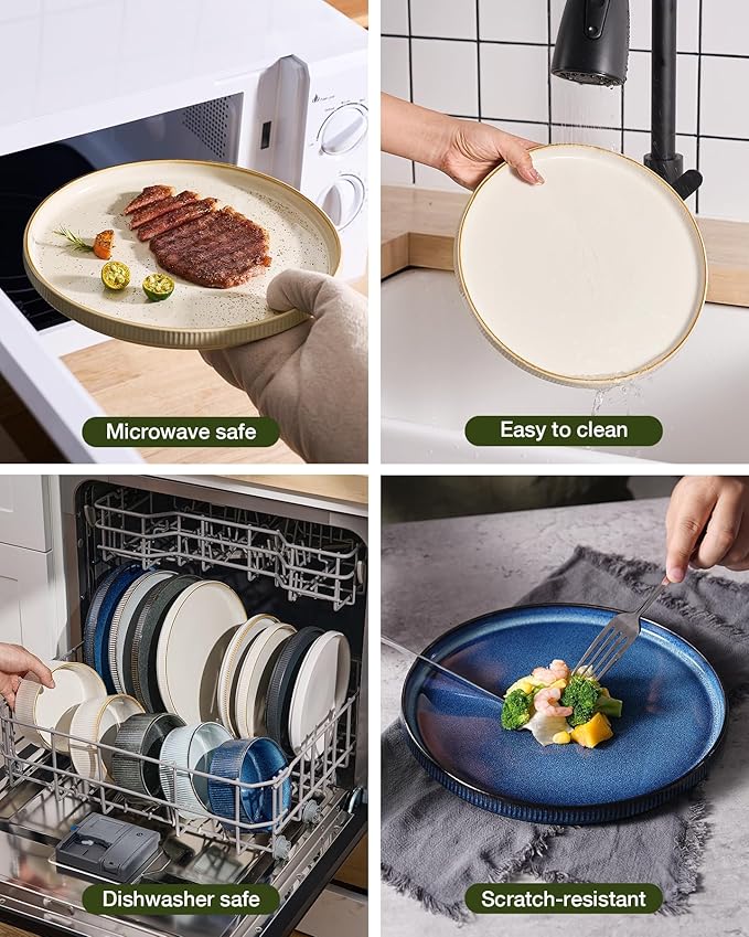 famiware Star Dinnerware Set, Plates and Bowls Sets for 4 (12pcs), Ribbed Stoneware Dishes - Chip & Scratch Resistant, Microwave & Dishwasher Safe Tableware, White