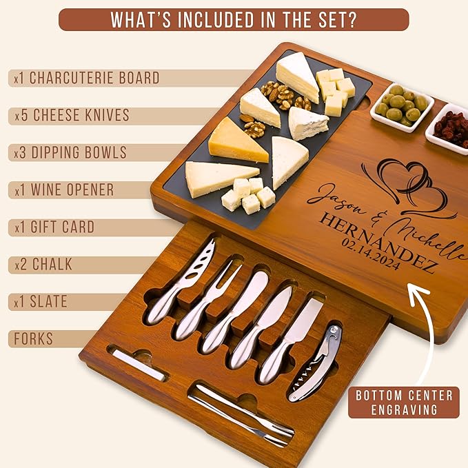 Personalized Acacia Wood Charcuterie Board Set with Stainless Steel Knives – Custom Cheese Board for Wedding, Valentines Day Gifts for Her, Housewarming, Bridal Shower, Anniversary, Women and Couples