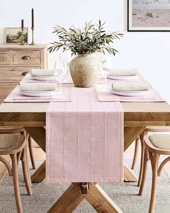 Linen Checked Farmhouse Table Runner, 13x90 Inches Pink | Raised Grid Design - Image 2