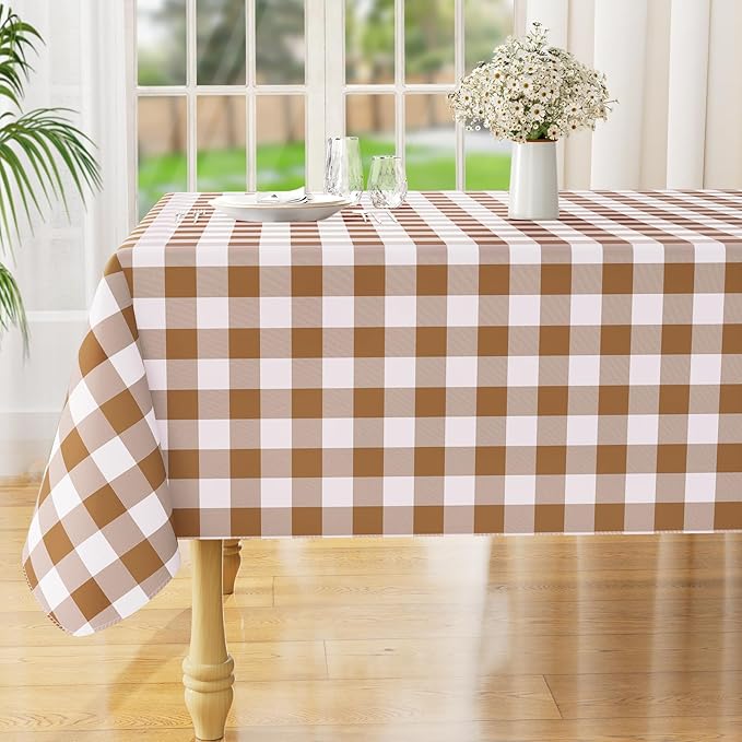 misaya Rectangle Waterproof Vinyl Table Cloth, Buffalo Flannel Backed Tablecloth, Wipeable Plastic Table Cover for Dinner, Kitchen, Outdoor (60" x 102", Brown and White)