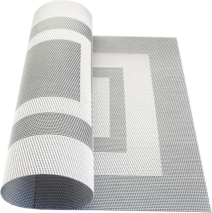 PIGCHCY Placemats Set of 6,Washable Woven Place Mats Vinyl Table Mats Non Slip Placemats Heat Resistant Durable Placemats for Dining Table (Silver Black)