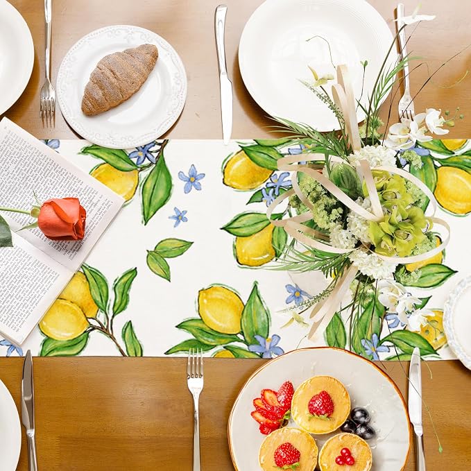 Summer Amalfi Coast Lemon Fruit Table Runner, Seasonal Green Leaves Burlap - Image 8