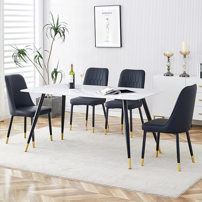 Table and Chairs Set of 4, Dining Room Table Set for 4, Sintered Stone Kitchen Table Top and Modern Chairs Set of 4 for Kitchen Dining Room