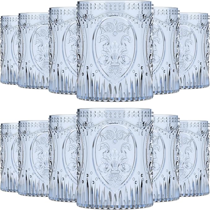 Qinyoung 12 Plastic Vintage Drinking Glasses 8.5oz Stemless Retro Embossed Wine by Qinyoung