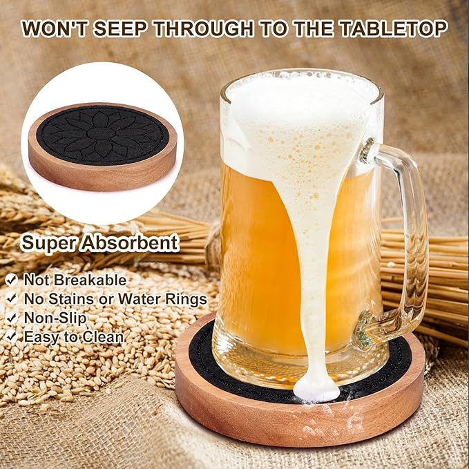 5 Pcs Best Wooden Coasters Non-Slip, Non-Stick, 4 Inches Black - Gtencemen Acacia Wood Coaster Set Absorbent Coasters for Drinks, Coffee Bar, Kinds of Cups, Rustic Farmhouse, Dining Room Table Decor