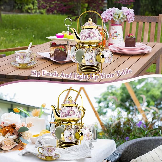 20 Pcs Porcelain Tea Set with Metal Holder, 700ml/23oz European Ceramic Tea Set - Image 6