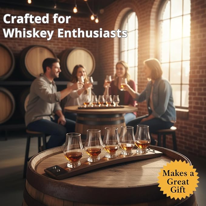 Barrel Stave Premium Whiskey Flight for use with 5 Glencairn Glasses. No Glasses Included, Dark Walnut