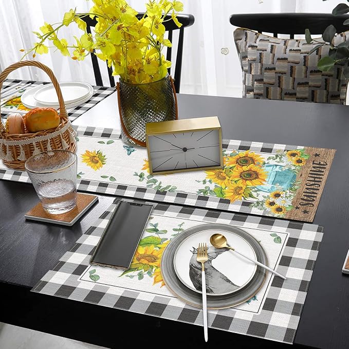 Table Runner and Placemats Set of 6, Sunflower Buffalo | Plaid Floral Flower - Image 6