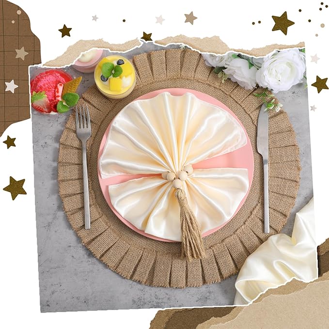 6 Sets Boho Placemats, Round Burlap Placemats Wood Bead Napkin Rings with Dinner Napkins Cloth Natural Burlap Cotton for Kitchen Dining Table Home Wedding