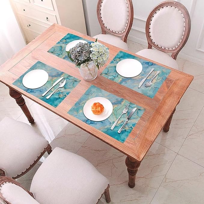 Teal Marble Placemats Set of 6 Turquoise Blue Gold Natural Luxury Abstract Fluid Wipeable Table Mats Reusable Washable PVC Rectangle Place Mats for Kitchen Dining Home Decor 12x18 Inches
