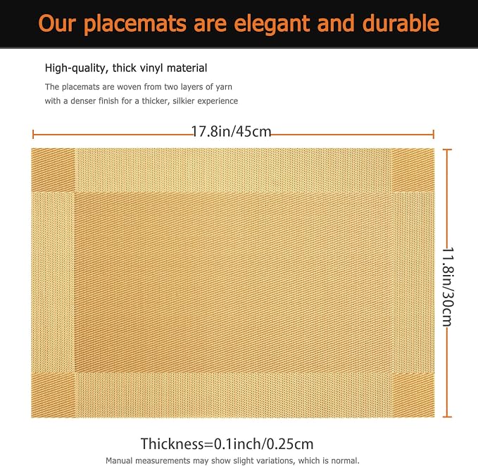 Gold Vinyl Placemats Set of 6, Heat Resistant Table Placemats | 18x12 inch - Image 3