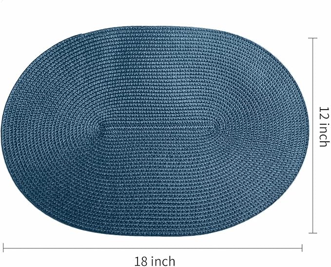 FunWheat Oval Braided Placemats Set of 6 Table Mats for Dining Tables Washable Heat Resistant Place mats for Daily Use12 x18 Inch (Oval Blue, 6pcs)