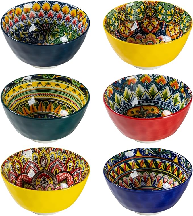 Henten Home Small Dessert Bowls Set of 6, Ceramic 12 oz Rice Bowls Set, Porcelain Colorful Serving Bowls for Snack, Ice Cream, Salad, Bohemia Style, Microwave & Dishwasher Safe